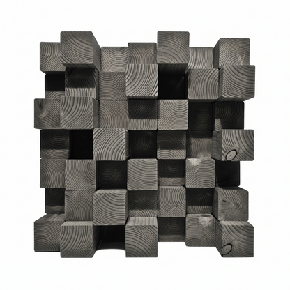 A 3D geometric grey acoustic diffuser made of stacked square wooden blocks with visible wood grain patterns, arranged in a grid on a plain white background.